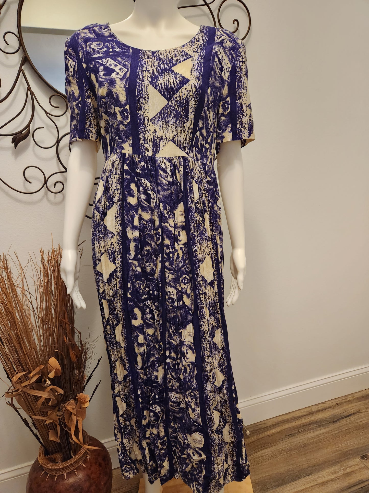 Vintage K.C. Spencer Navy & Tan Empire Waist Midi Dress – Abstract Print – Size 12