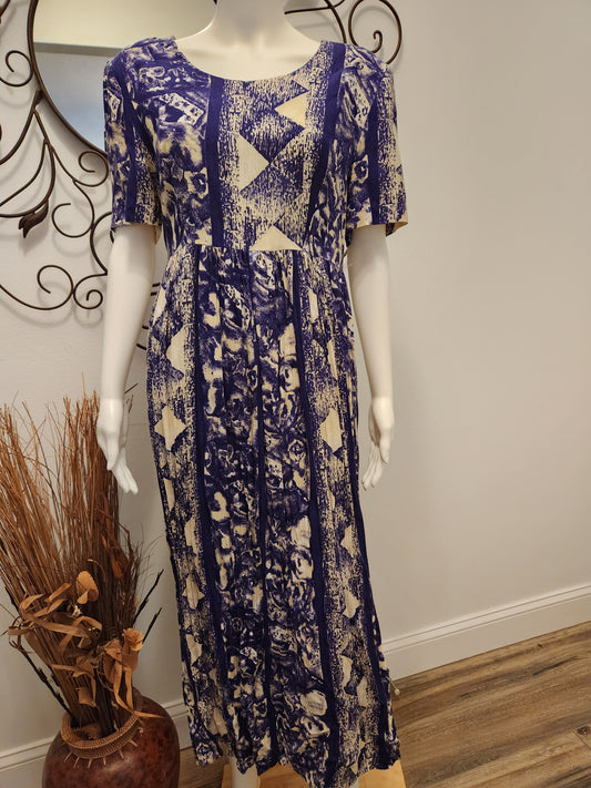 Vintage K.C. Spencer Navy & Tan Empire Waist Midi Dress – Abstract Print – Size 12