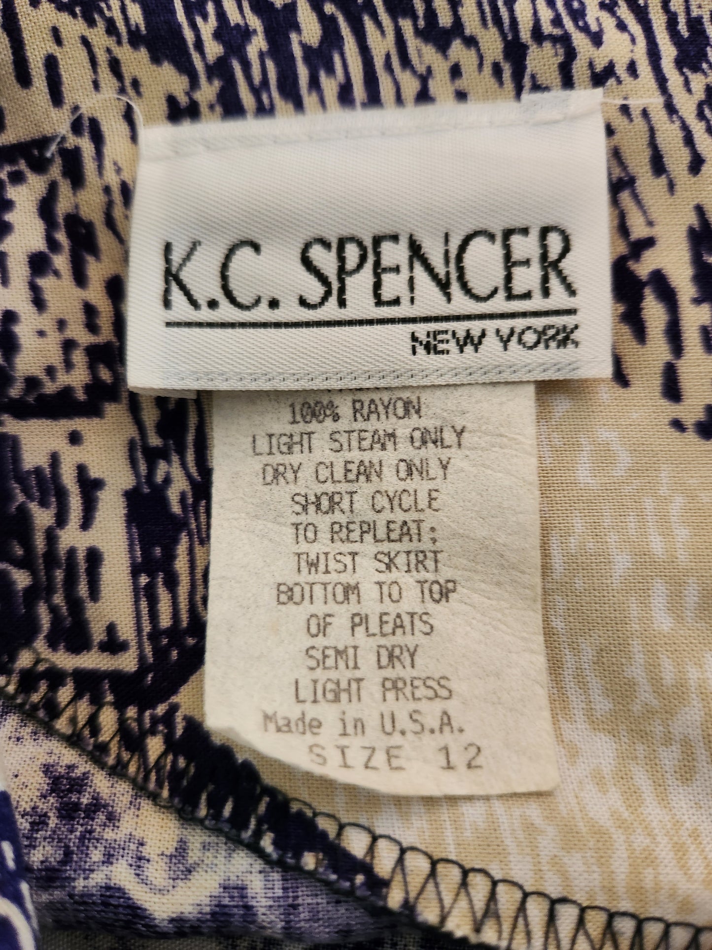 Vintage K.C. Spencer Navy & Tan Empire Waist Midi Dress – Abstract Print – Size 12