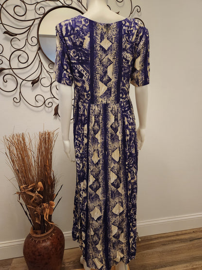 Vintage K.C. Spencer Navy & Tan Empire Waist Midi Dress – Abstract Print – Size 12