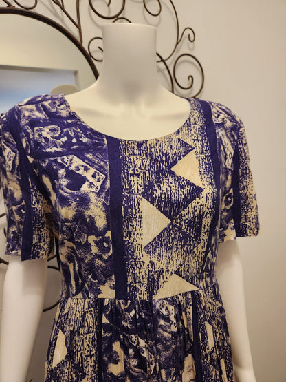 Vintage K.C. Spencer Navy & Tan Empire Waist Midi Dress – Abstract Print – Size 12