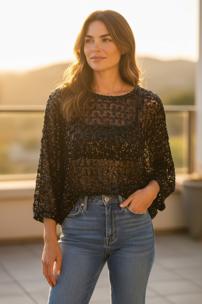 Vintage 1980s Black Sheer Sequin Batwing Disco Blouse | Dolman Sleeve Cocoon Top