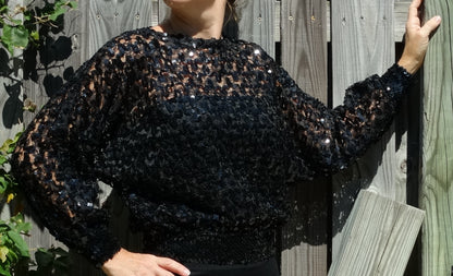 Vintage 1980s Black Sheer Sequin Batwing Disco Blouse | Dolman Sleeve Cocoon Top
