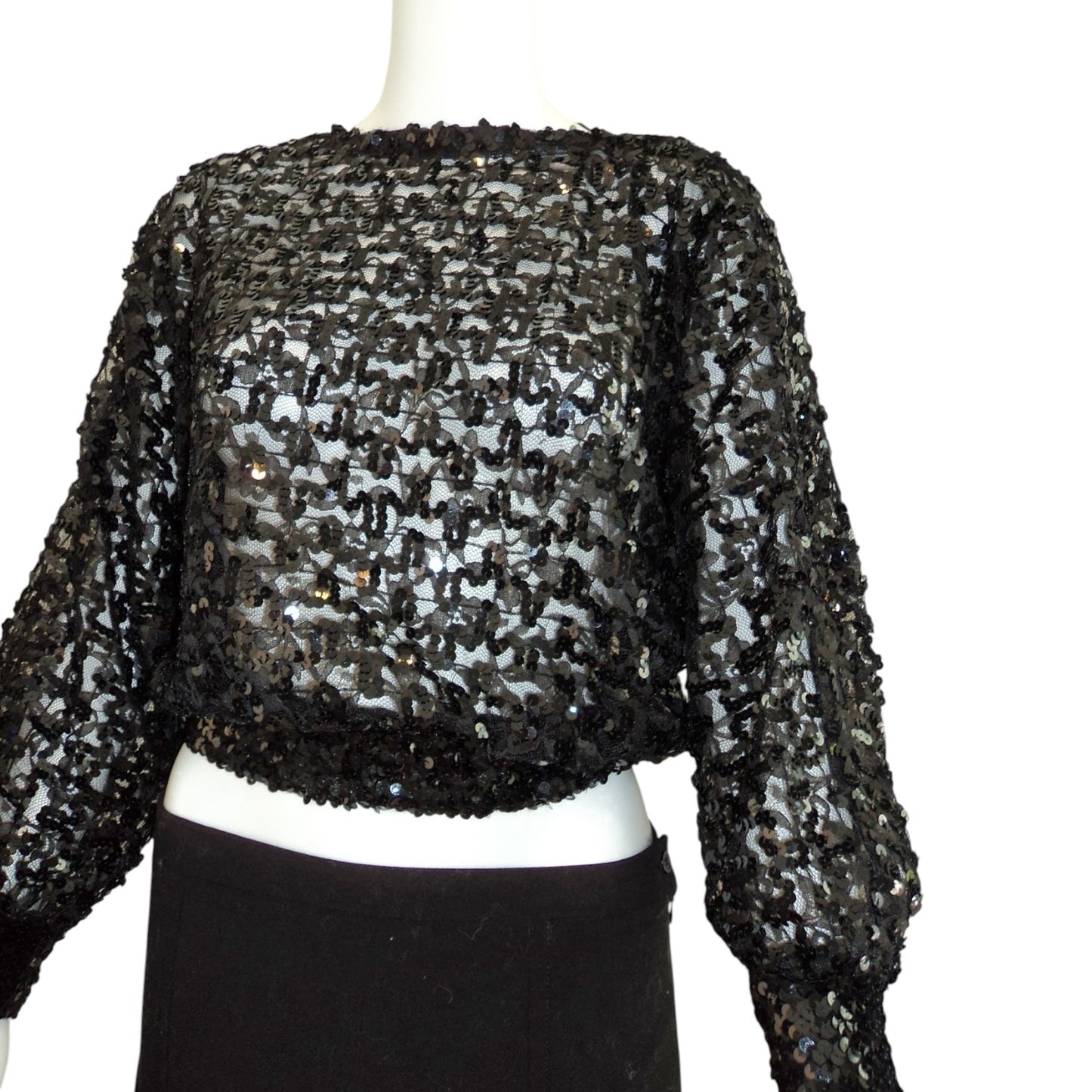 Vintage 1980s Black Sheer Sequin Batwing Disco Blouse | Dolman Sleeve Cocoon Top