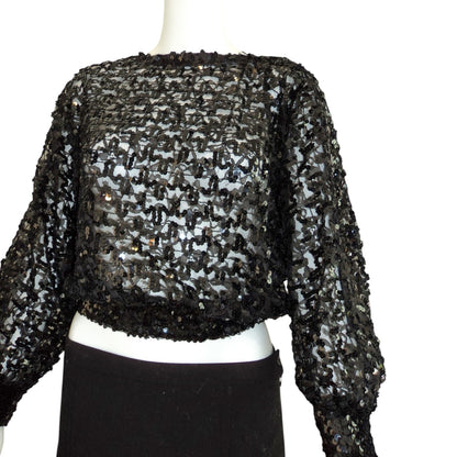 Vintage 1980s Black Sheer Sequin Batwing Disco Blouse | Dolman Sleeve Cocoon Top