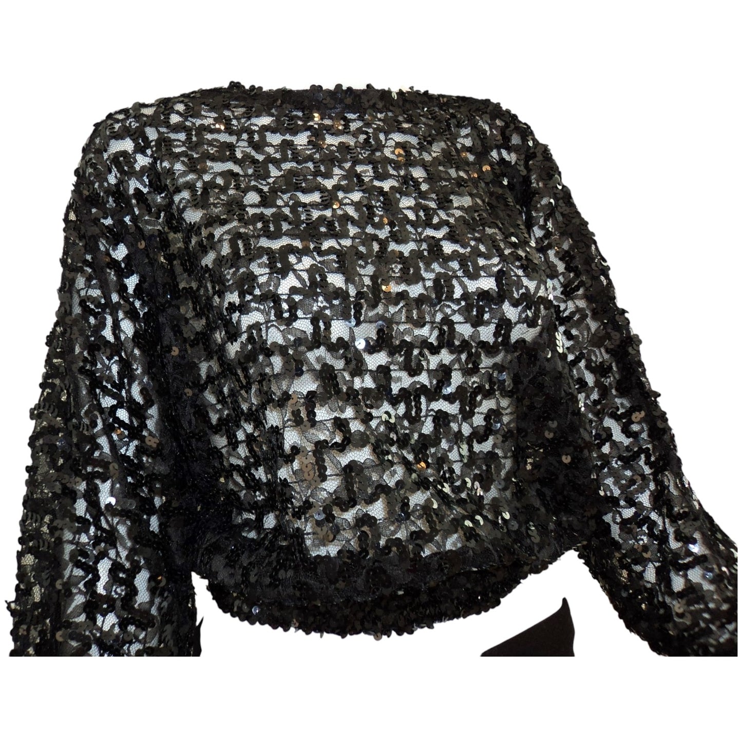 Vintage 1980s Black Sheer Sequin Batwing Disco Blouse | Dolman Sleeve Cocoon Top