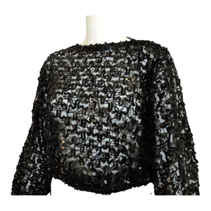 Vintage 1980s Black Sheer Sequin Batwing Disco Blouse | Dolman Sleeve Cocoon Top