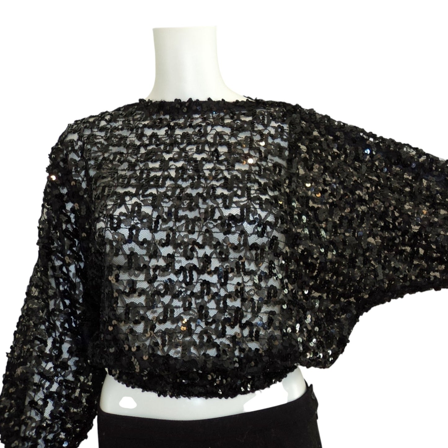 Vintage 1980s Black Sheer Sequin Batwing Disco Blouse | Dolman Sleeve Cocoon Top