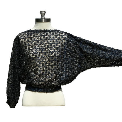 Vintage 1980s Black Sheer Sequin Batwing Disco Blouse | Dolman Sleeve Cocoon Top