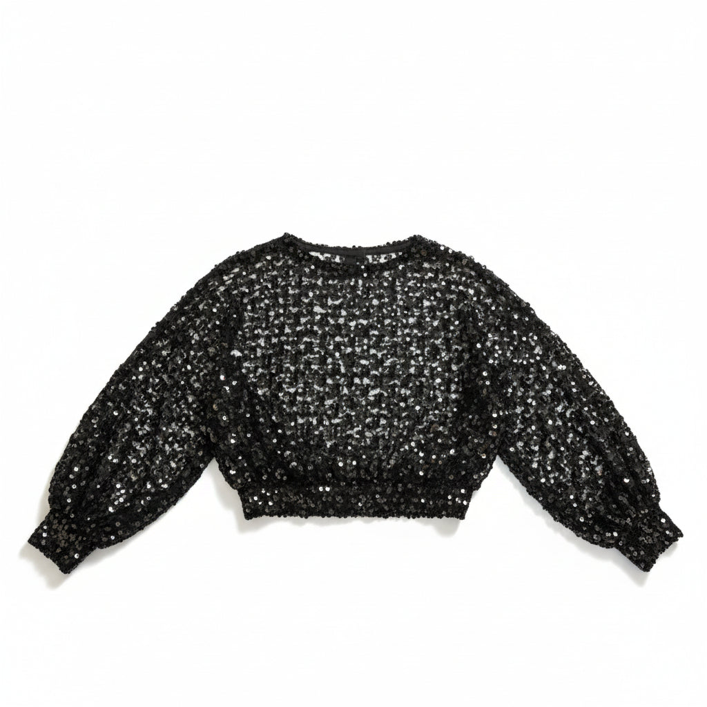 Vintage 1980s Black Sheer Sequin Batwing Disco Blouse | Dolman Sleeve Cocoon Top