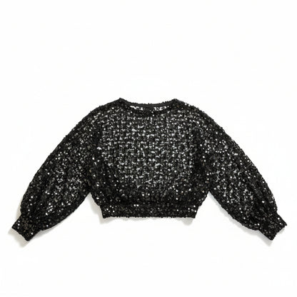 Vintage 1980s Black Sheer Sequin Batwing Disco Blouse | Dolman Sleeve Cocoon Top