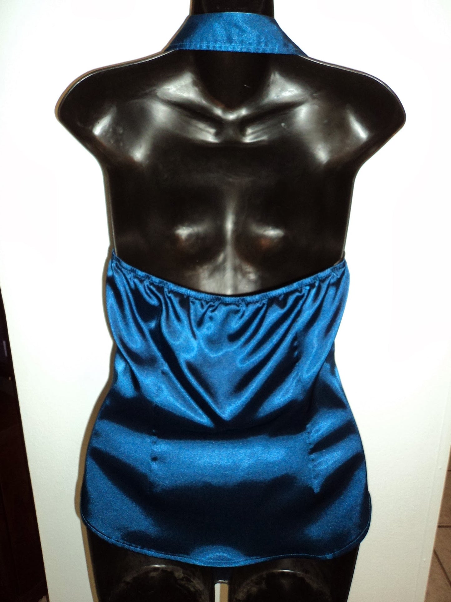A. Byer Blue Satin Halter Blouse with Crystal Buttons – Women’s Size M (Fits Small)